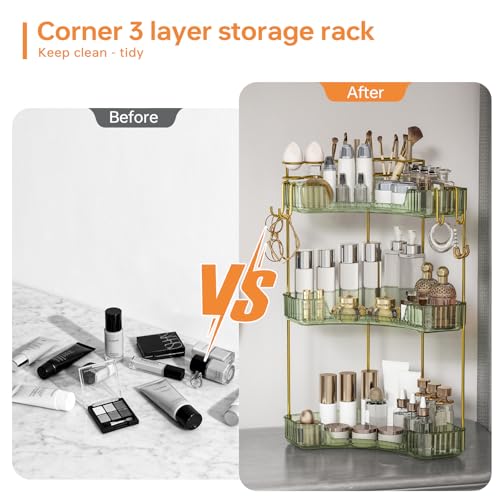 Greenby 3-Tier Corner Bathroom Counter Organizer，Makeup & Skincare Shelf with Built-in Brush Holder，Space-Saving Bathroom Countertop Organizer for Skincare, Perfume, Cosmetics(Green) - Image 5