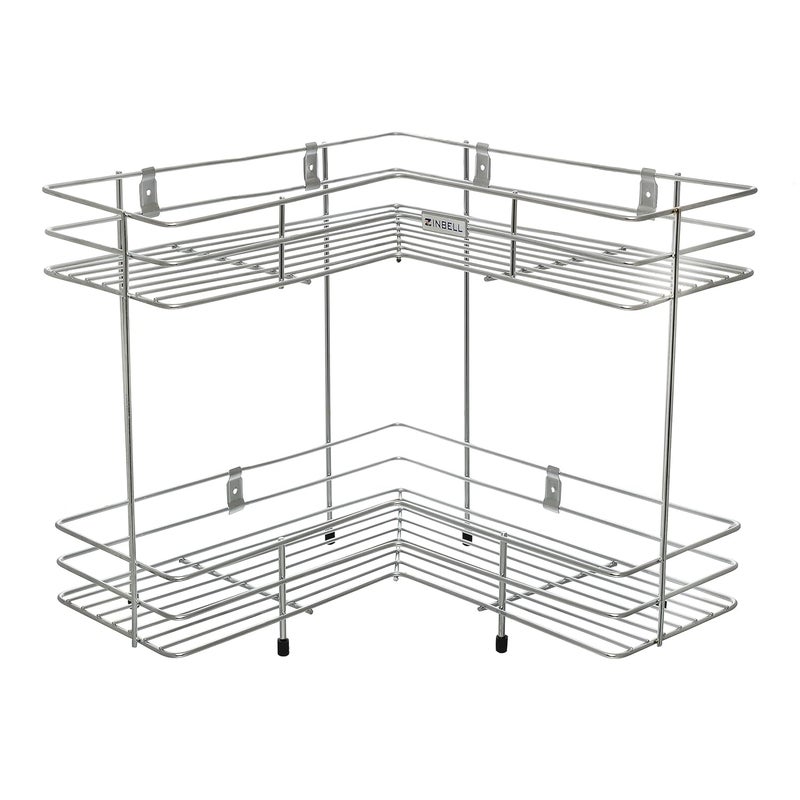 Zinbell 2Tier Corner Shelf Stainless Steel KitchenBathroom Storage Rack LShaped FloorWall Mount Chrome Finish Color Silver - Image 3