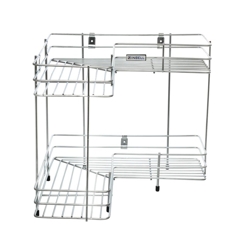 Zinbell 2Tier Corner Shelf Stainless Steel KitchenBathroom Storage Rack LShaped FloorWall Mount Chrome Finish Color Silver - Image 5
