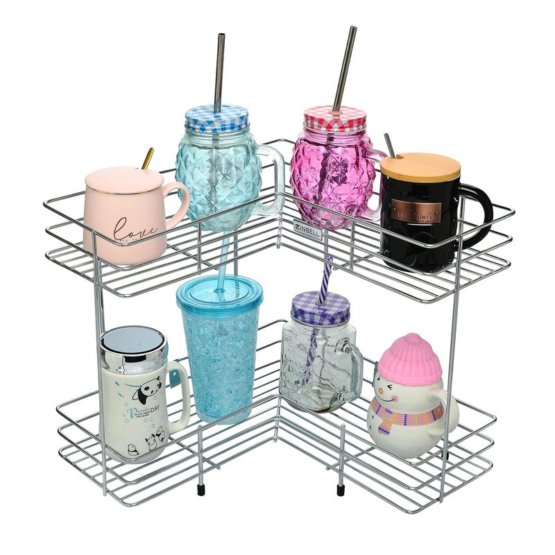 Zinbell 2Tier Corner Shelf Stainless Steel KitchenBathroom Storage Rack LShaped FloorWall Mount Chrome Finish Color Silver - Image 1