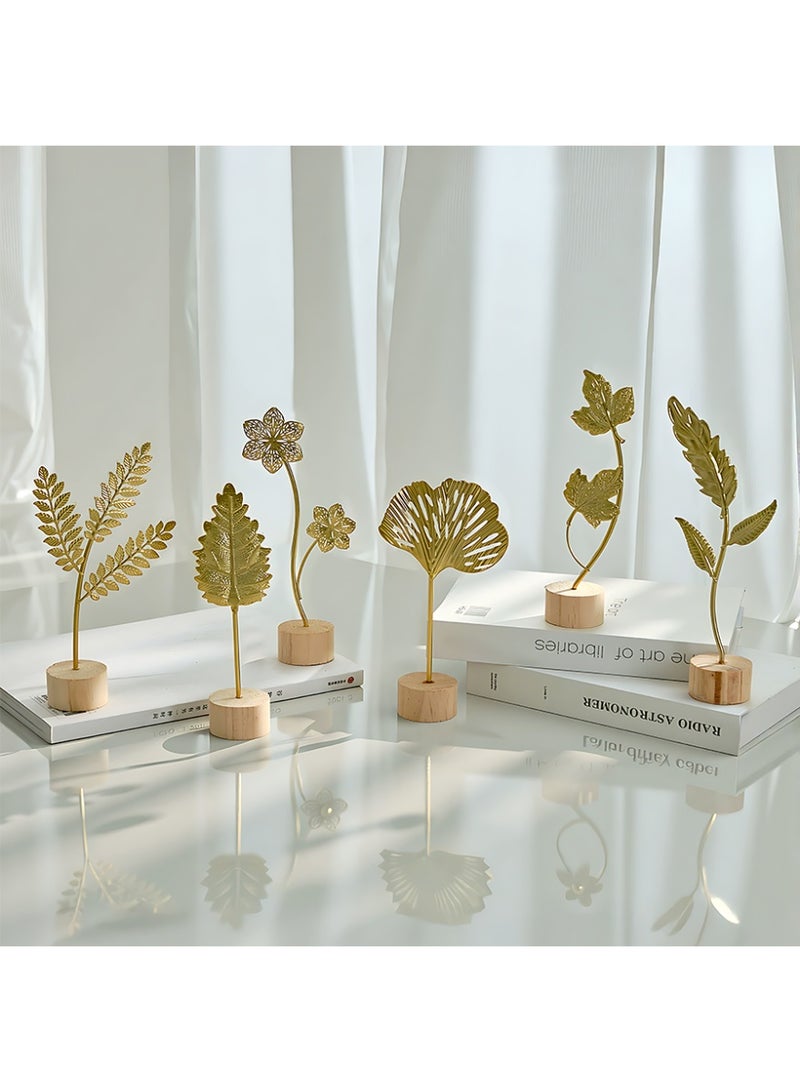 CLAVON Gold-colored metal leaf decorative ornament with a wooden base, in a modern Nordic style, suitable for home and office desk decoration(Hollow Double Six-Petal Flower Ornament) - Image 3