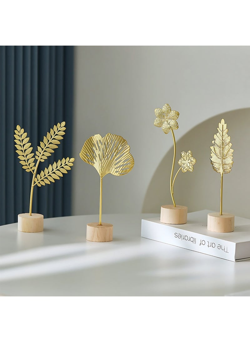 CLAVON Gold-colored metal leaf decorative ornament with a wooden base, in a modern Nordic style, suitable for home and office desk decoration(Hollow Double Six-Petal Flower Ornament) - Image 4