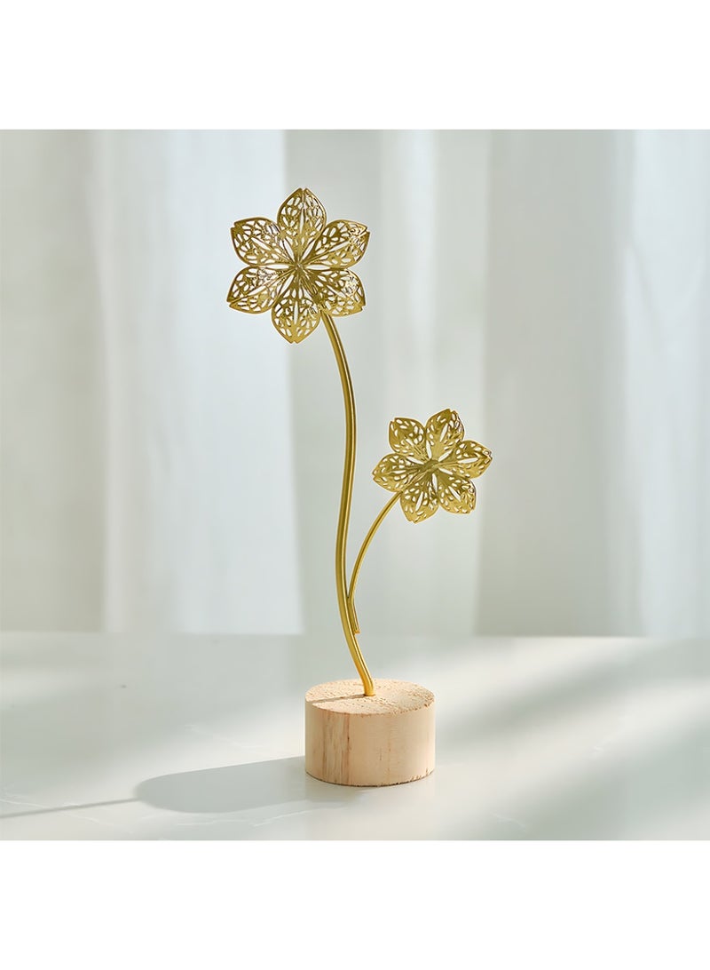 CLAVON Gold-colored metal leaf decorative ornament with a wooden base, in a modern Nordic style, suitable for home and office desk decoration(Hollow Double Six-Petal Flower Ornament) - Image 1