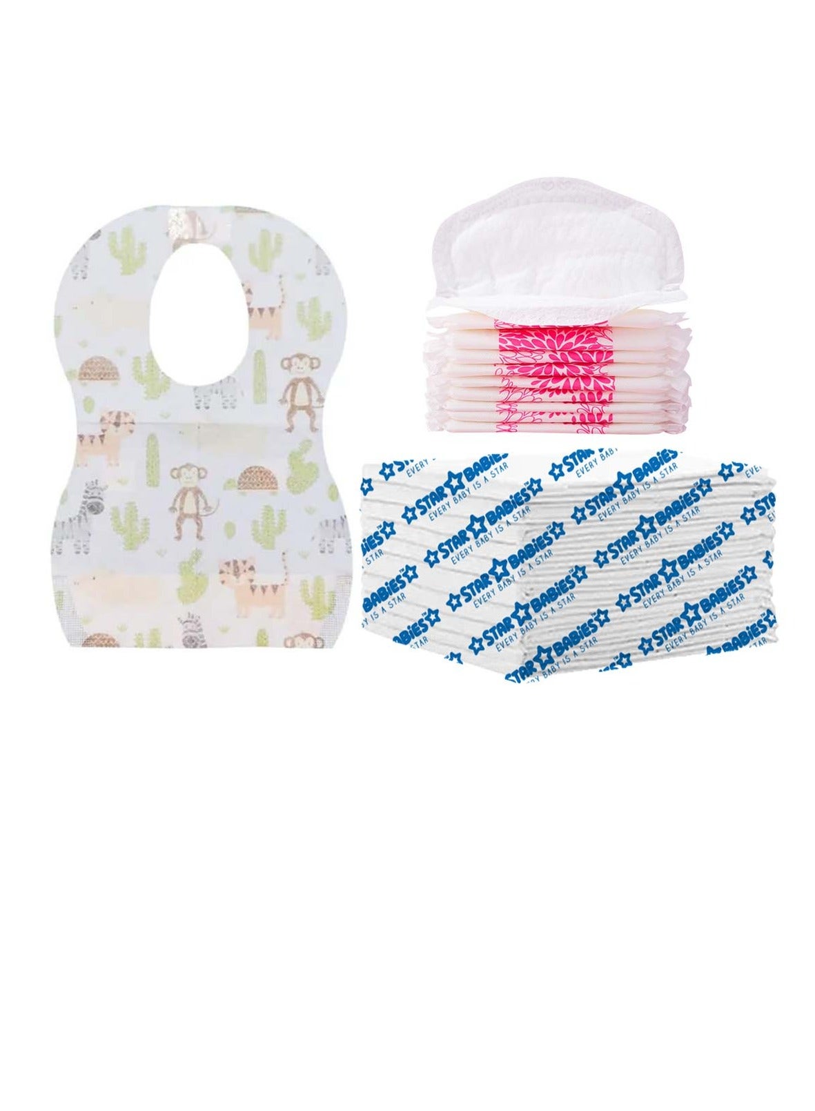 Star Babies Disposable Combo pack (Changing mat 10pcs, Breast Pad 10pcs, Bibs 10pcs)-White
