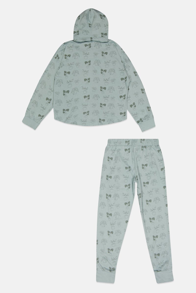 Green Treat طقم هودي وسروال طويل الأكمام للبنات، لون أخضر مريمي - Image 3