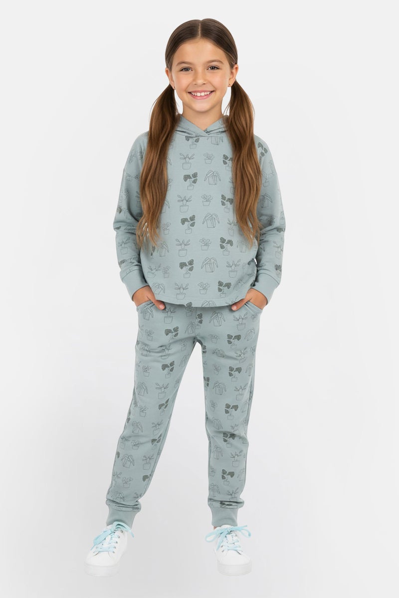 Green Treat طقم هودي وسروال طويل الأكمام للبنات، لون أخضر مريمي - Image 1