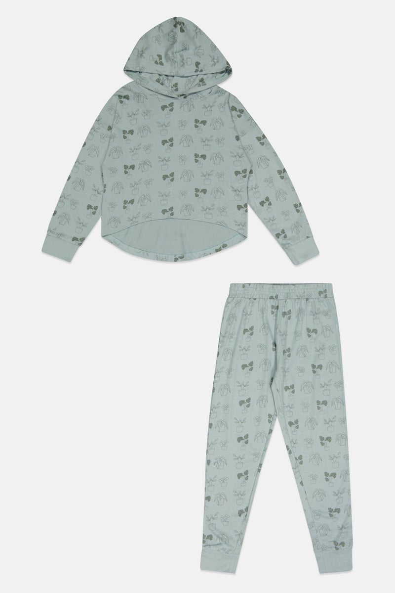 Green Treat طقم هودي وسروال طويل الأكمام للبنات، لون أخضر مريمي - Image 2