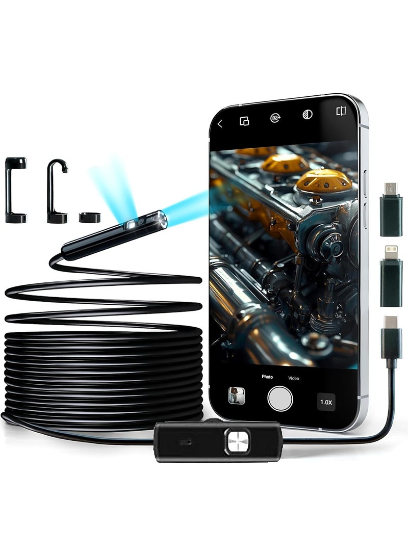 BlueFire Dual Lens Endoscope Camera 1080P HD Borescope - 5M Semi-Rigid Cable | Front & Side Camera | IP68 Waterproof Inspection Camera with LED Lights | USB-C with Lightning & Micro USB Adapters for Car, Pipe, Wall & Machinery - Image 1
