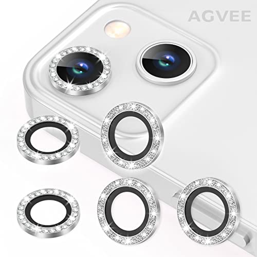 AGVEE 3+3 6 Pack for iPhone 13 6.1 inch / 13 Mini 5.4 inch Camera Lens Protector, Bling Diamond & Bling Glitter Metal Ring 9H Tempered HD Glass Camera Protector Cover Film, Bling-Silver - Image 1