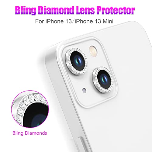 AGVEE 3+3 6 Pack for iPhone 13 6.1 inch / 13 Mini 5.4 inch Camera Lens Protector, Bling Diamond & Bling Glitter Metal Ring 9H Tempered HD Glass Camera Protector Cover Film, Bling-Silver - Image 4