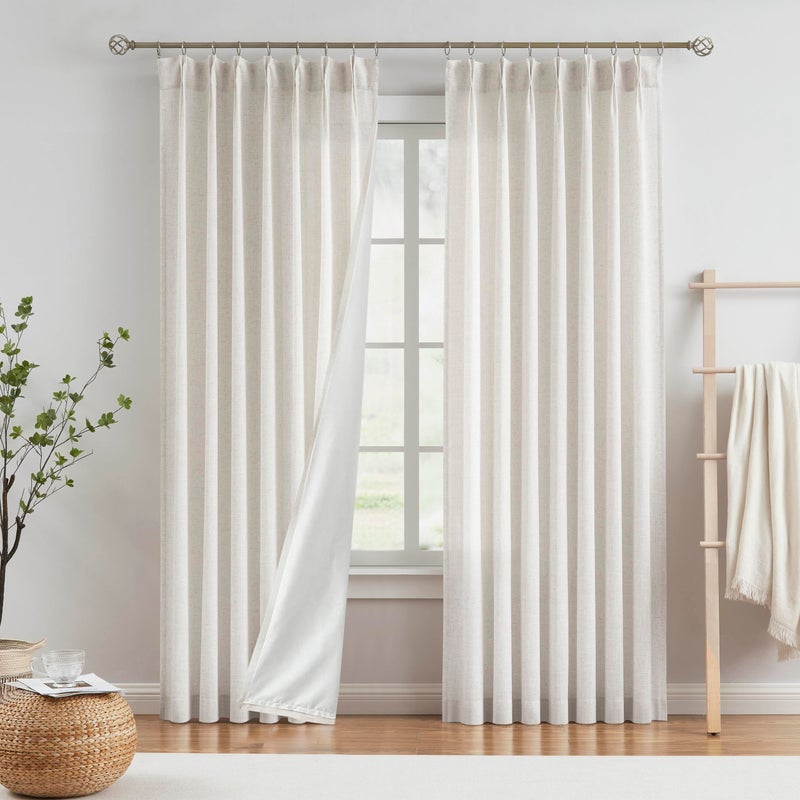 Vision Home Natural Pinch Pleated Light Filtering Curtains with Microfiber Liner 90 inch Linen Blended Textured Privacy Drapes for Living Room Bedroom Back Tabs with Hooks 2 Panels 40" Wx90 L - Image 1