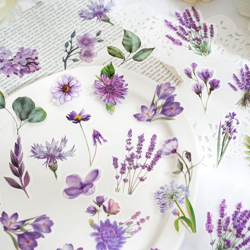 Obujopal 100 Pcs Lavender Purple Flower Stickers for Scrapbooking Junk Journal Notebook Diary Planner Letter Envelope Water Bottle Phone Case Craft Decoration - Image 3