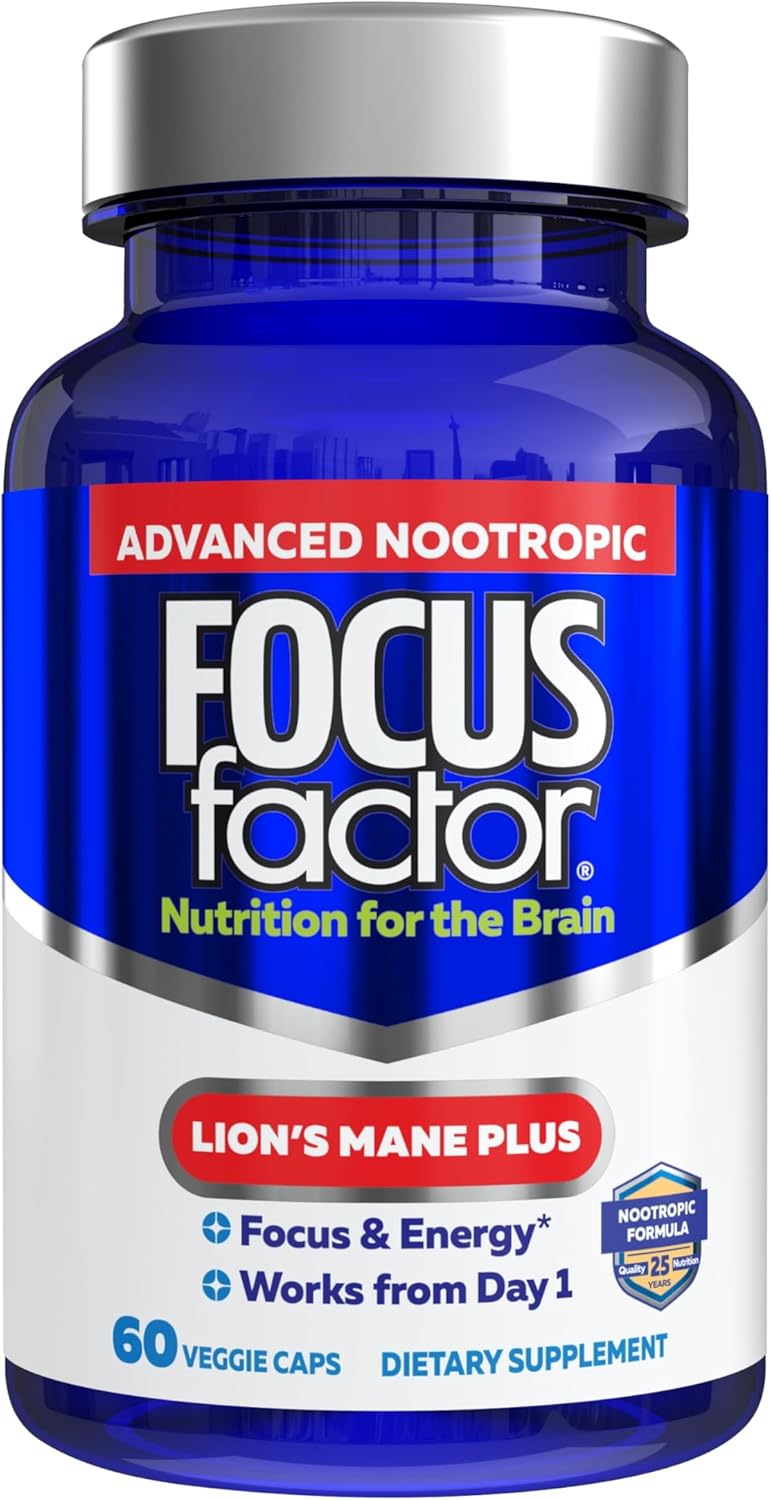 Focus Factor Lions Mane Plus Advanced Nootropic with LTheanine Caffeine Focus and Energy 60 Count - Image 1