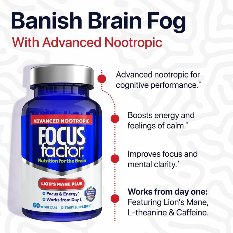 Focus Factor Lions Mane Plus Advanced Nootropic with LTheanine Caffeine Focus and Energy 60 Count - Image 3