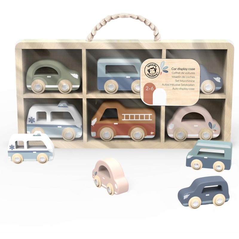 SPEEDY MONKEY Wooden Toy Cars Set 6 Colorful Little Vehicles in Wooden Case for Kids FSC Certified Pretend Play Car Set for Boys Girls Toddlers Wheels Toys Includes Fire Brigade Ambulance - Image 3