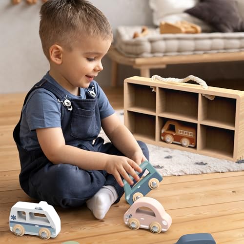 SPEEDY MONKEY Wooden Toy Cars Set 6 Colorful Little Vehicles in Wooden Case for Kids FSC Certified Pretend Play Car Set for Boys Girls Toddlers Wheels Toys Includes Fire Brigade Ambulance - Image 5