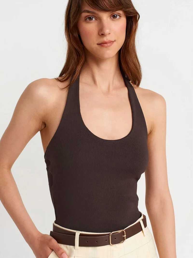 Dilvin Dilvin Ribbed Halterneck Sleeveless Blouse