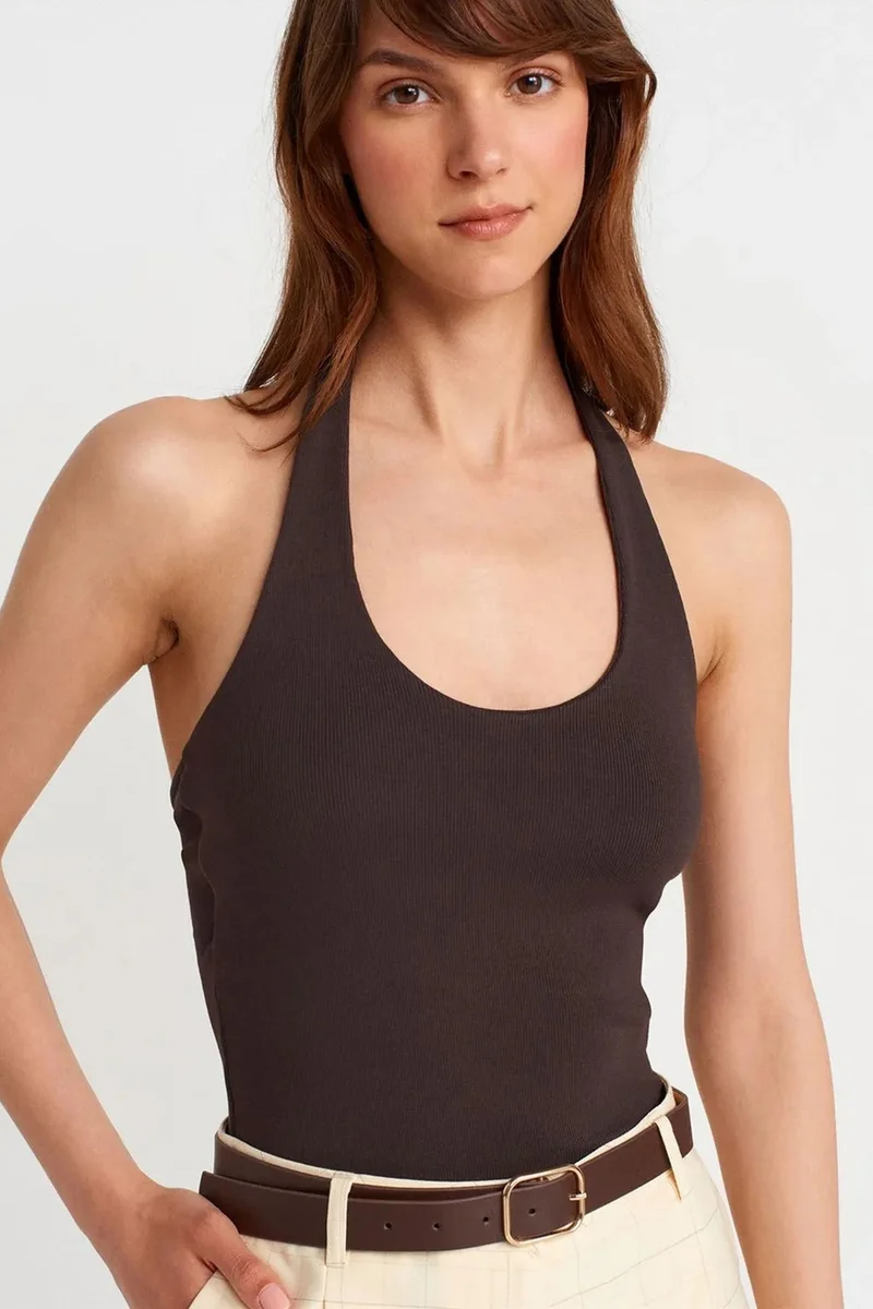 DILVIN Ribbed Halterneck Sleeveless Blouse