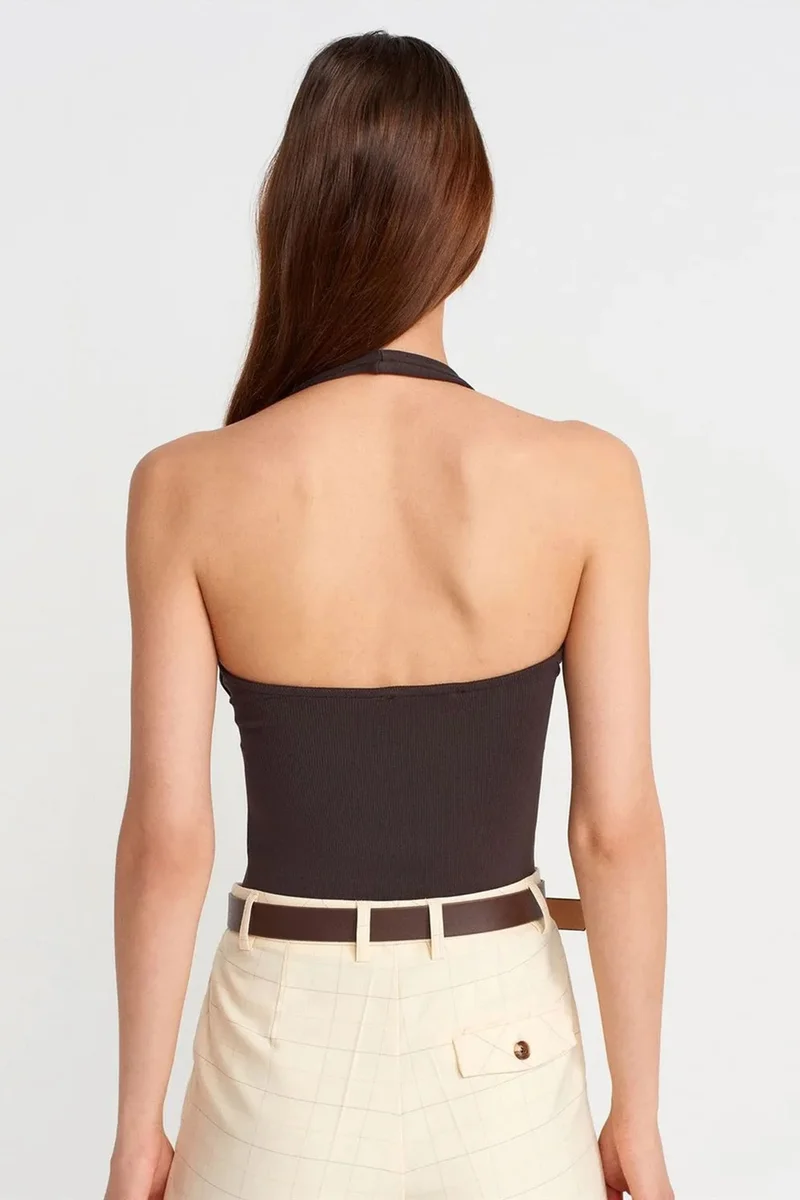 Dilvin Dark Grey DILVIN Ribbed Halterneck Sleeveless Blouse for Women | Best Price UAE
