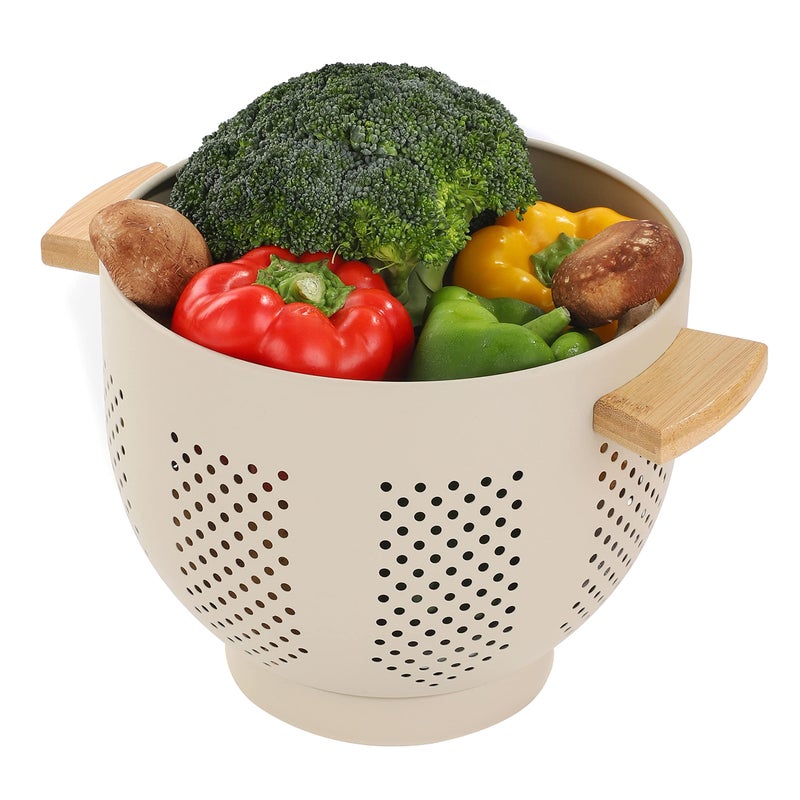 BeFare Metal Colander with Wood Handle 55 Quart Powder Coated Steel Large Kitchen Strainer Stable BaseSand Yellow 1126inch - Image 2