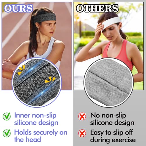 Pamase 6pcs Non Slip Silicone Headbands- Adjustable Workout Headbands Sweat Wicking Hair Bands for Sports Yoga Running Fitness Exercise Gym Athletics for Men Women Sportslovers (Black& Grey) - Image 2