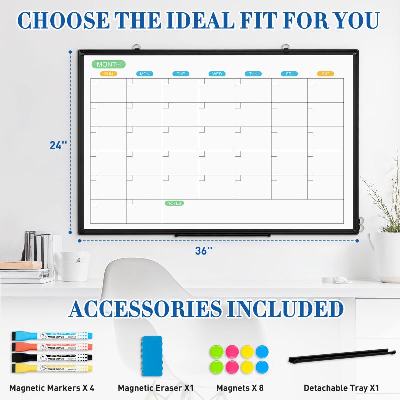WALGLASS Dry Erase Calendar Whiteboard for Wall, 36" x 24" Double-Sided Monthly Calendar White Board with Black Aluminum Frame, Hanging or Wall Mount Whiteboard for Home, Office, School - Image 4