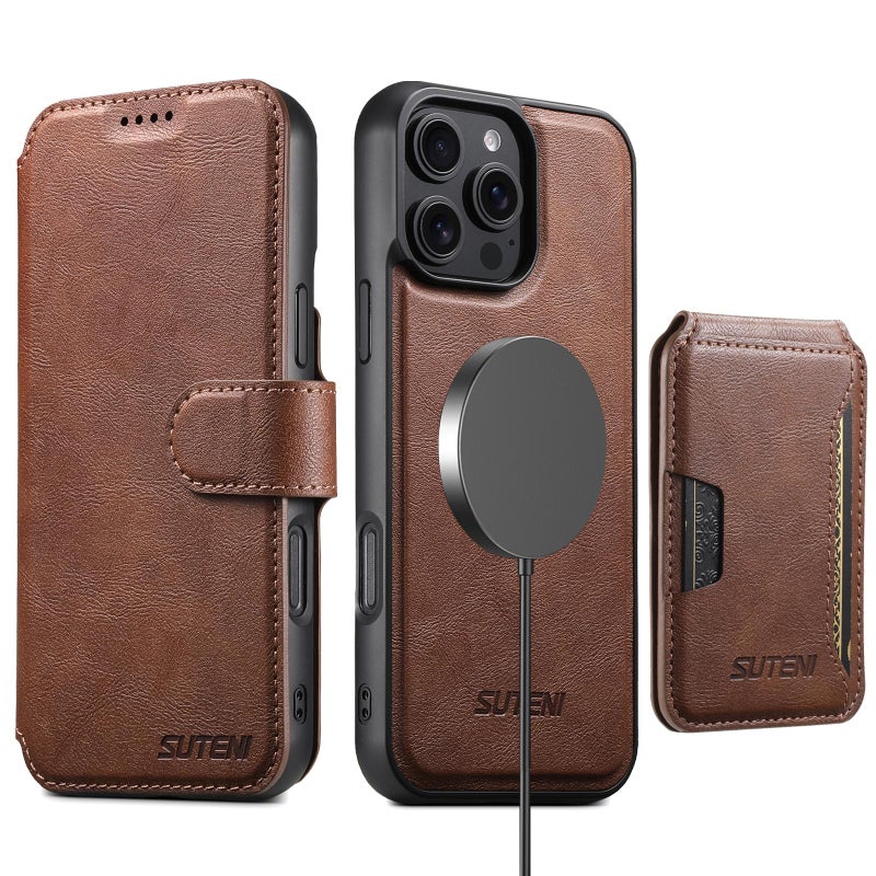 Suteni For Iphone 14 Plus Q05S3 3-In-1 Detachable Vertical Flip Wallet Magsafe Leather Phone Case(Brown) - Image 2