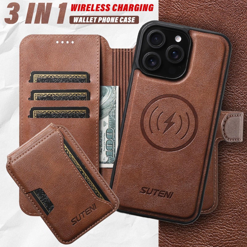 Suteni For Iphone 14 Plus Q05S3 3-In-1 Detachable Vertical Flip Wallet Magsafe Leather Phone Case(Brown) - Image 4
