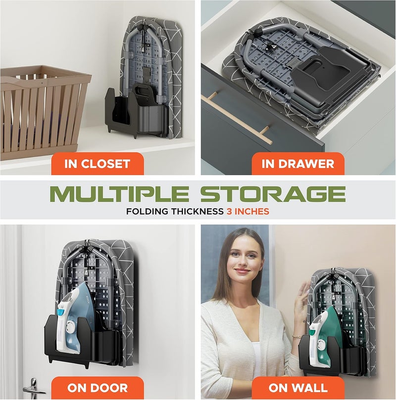 XABITAT لوح كي للطاولة مع حامل حائط | D-Crease | غرفة غسيل صغيرة محمولة توفر المساحة | لوح كي صغير قابل للطي مع حامل مكواة | رمادي - Image 5