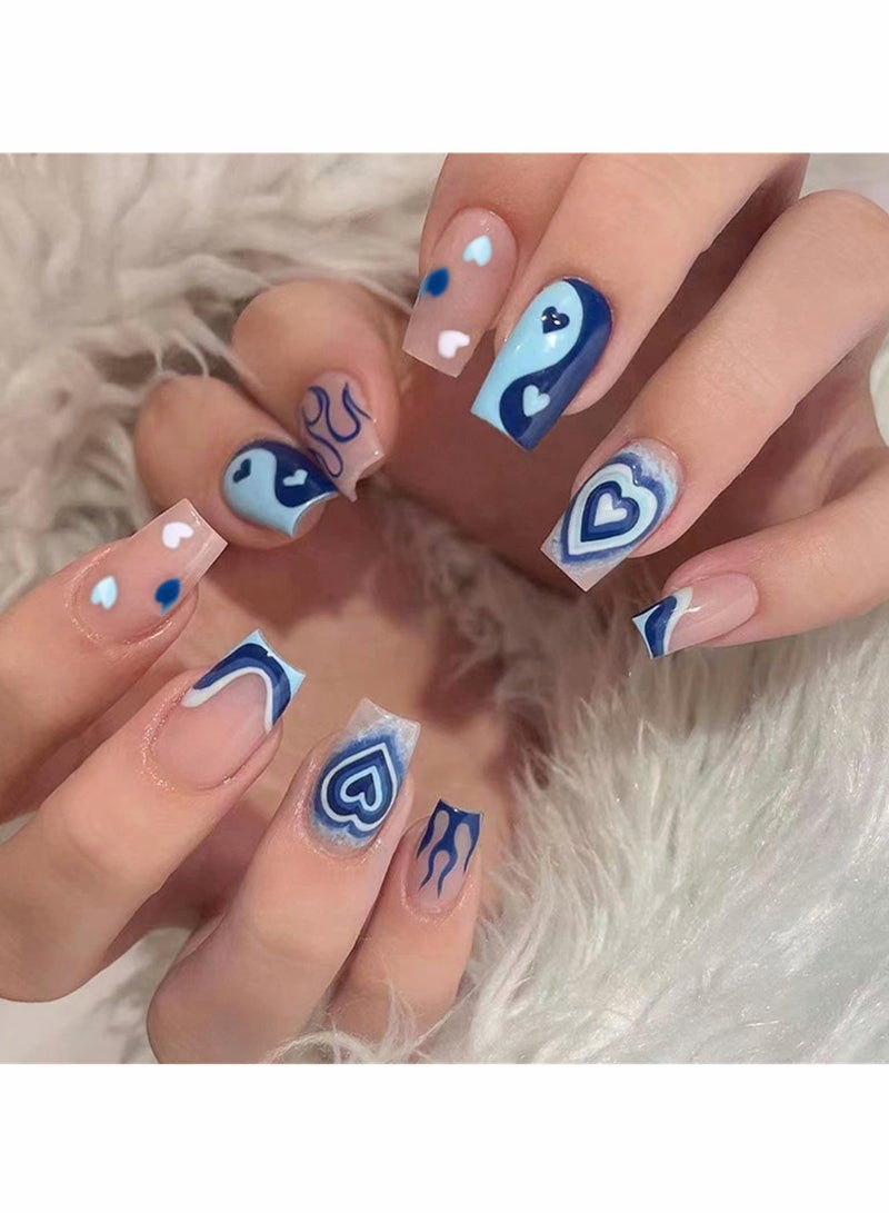 Excefore Press on Nails Short Square Fake Nails Blue False Nails with Full Cover Design Glossy Stick on Nails for Women - Image 4