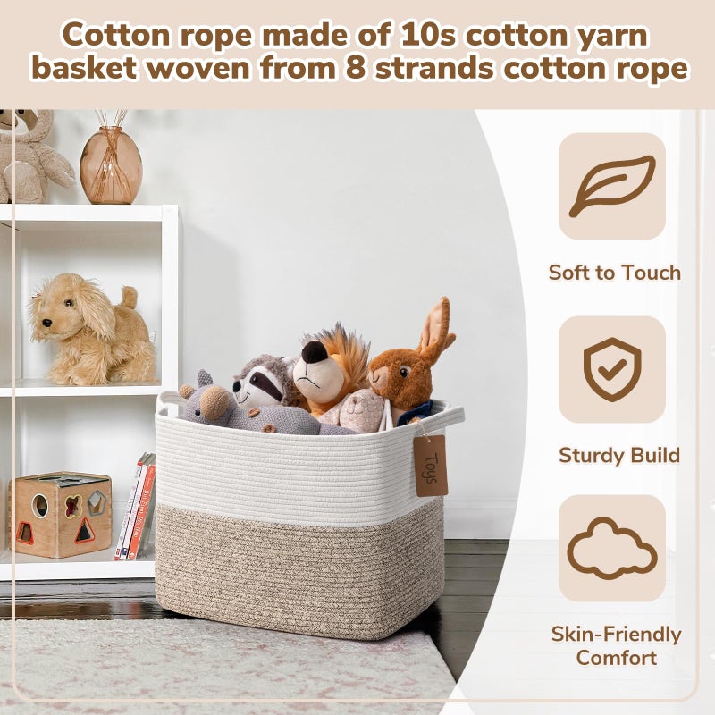 Goodpick Woven Storage Baskets for Organizing, Blanket Basket Living Room, Rope Baskets for Storage, Rectangle Toy Basket With Handles, Brown and White, 18 x 14 x 12 Inches - Image 5