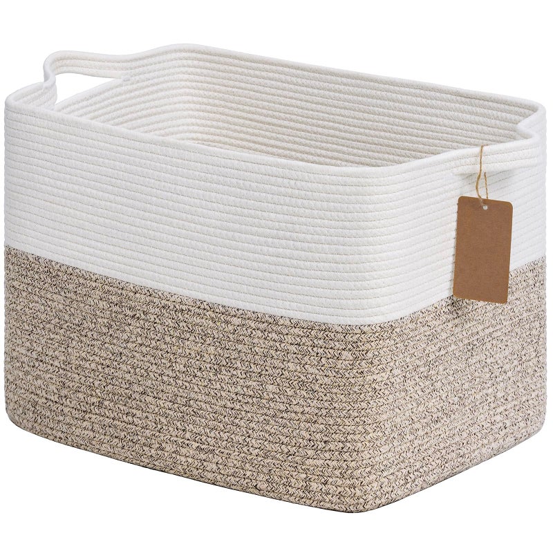 Goodpick Woven Storage Baskets for Organizing, Blanket Basket Living Room, Rope Baskets for Storage, Rectangle Toy Basket With Handles, Brown and White, 18 x 14 x 12 Inches - Image 1