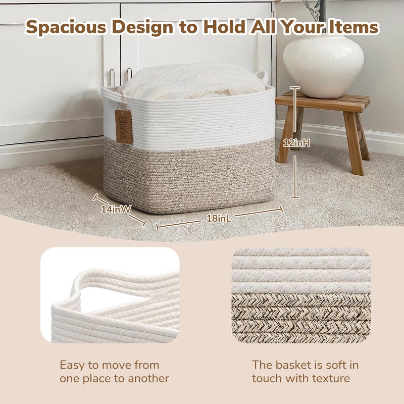 Goodpick Woven Storage Baskets for Organizing, Blanket Basket Living Room, Rope Baskets for Storage, Rectangle Toy Basket With Handles, Brown and White, 18 x 14 x 12 Inches - Image 3