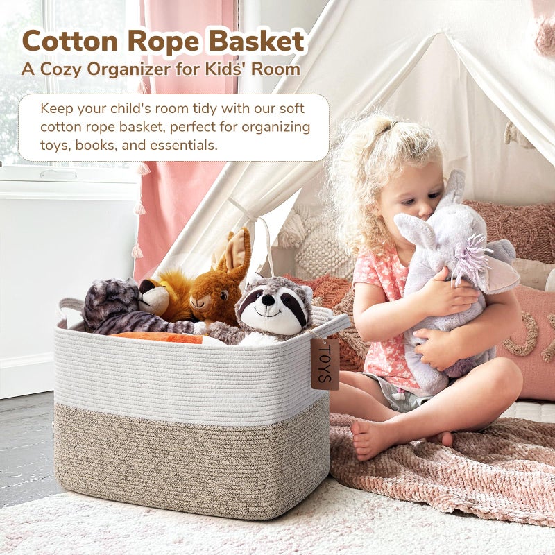 Goodpick Woven Storage Baskets for Organizing, Blanket Basket Living Room, Rope Baskets for Storage, Rectangle Toy Basket With Handles, Brown and White, 18 x 14 x 12 Inches - Image 2
