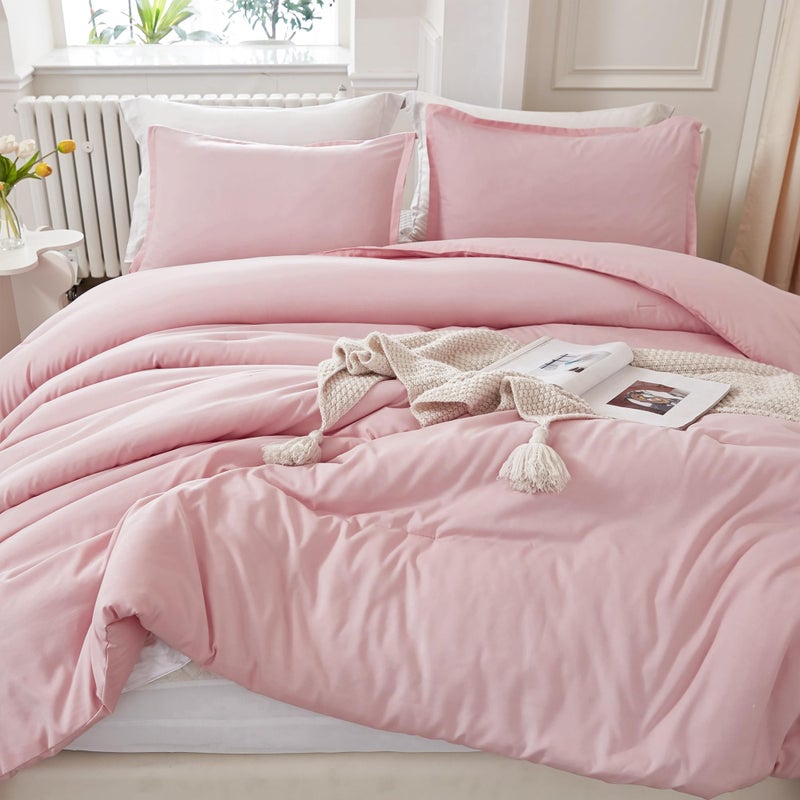 Litanika Litanika Pink Comforter Set Queen Size  3 Pieces Girls Women Cute Soft Solid Bedding Set & Collections  All Season Bed Set (90x90In Comforter & 2 Pillowcases)  - Image 1