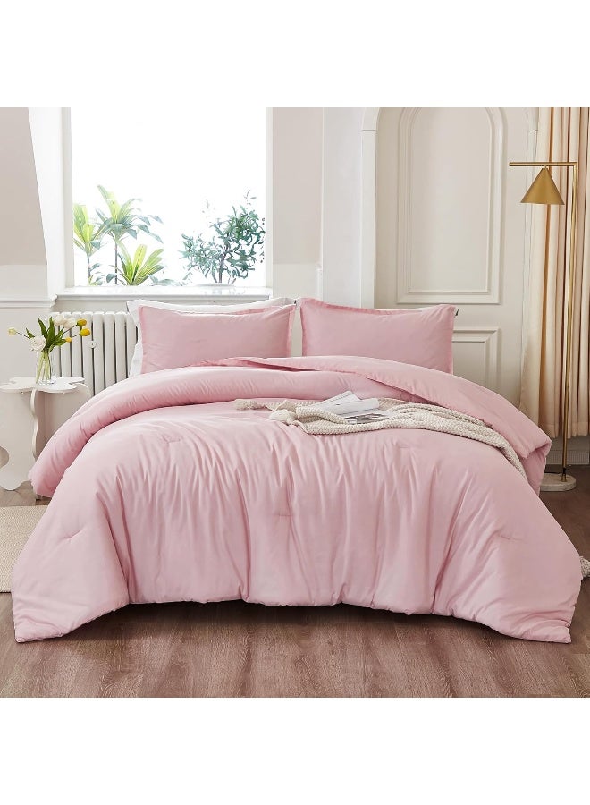 Litanika Litanika Pink Comforter Set Queen Size  3 Pieces Girls Women Cute Soft Solid Bedding Set & Collections  All Season Bed Set (90x90In Comforter & 2 Pillowcases)  - Image 3
