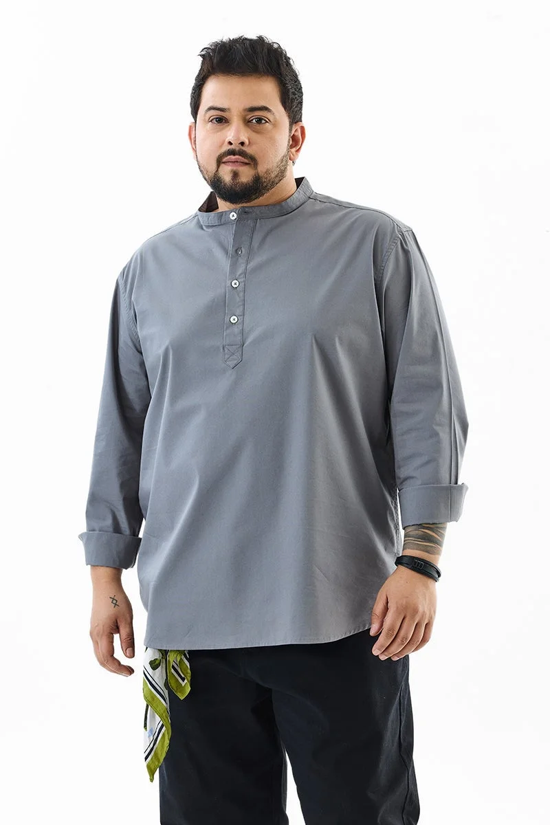 SNITCH Grey Regular Fit Stretch Plus Size Kurta Shirt for Men | Best Price UAE