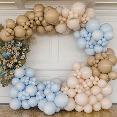 Pinbra Brown And Blue Balloon Garland Double Stuffed Nude Tan Light Blue Beige Latex Balloon Arch Kit for Neutral Baby Shower Teddy Bear Gender Reveal Wedding Birthday Party Decorations - Image 2
