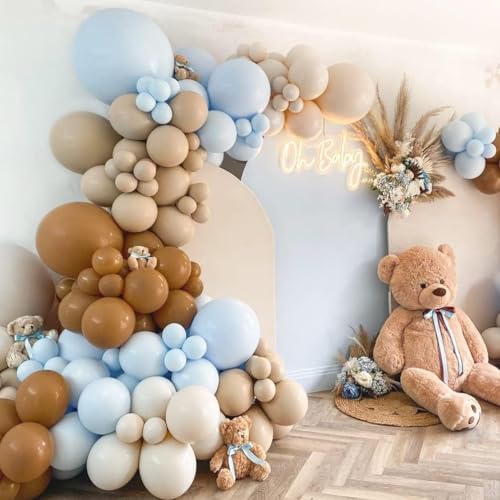 Pinbra Brown And Blue Balloon Garland Double Stuffed Nude Tan Light Blue Beige Latex Balloon Arch Kit for Neutral Baby Shower Teddy Bear Gender Reveal Wedding Birthday Party Decorations - Image 1