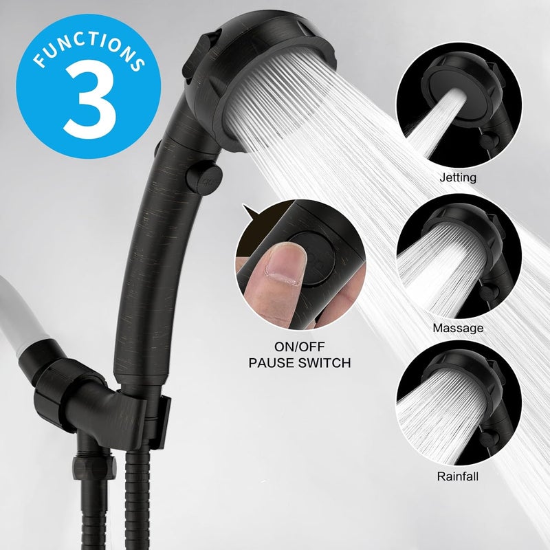 KAIYING High Pressure Oil-Rubbed Bronze Handheld Shower Head with ON/OFF Switch, 3 Spray Modes, Adjustable Angle Bracket, and Hose - Image 2