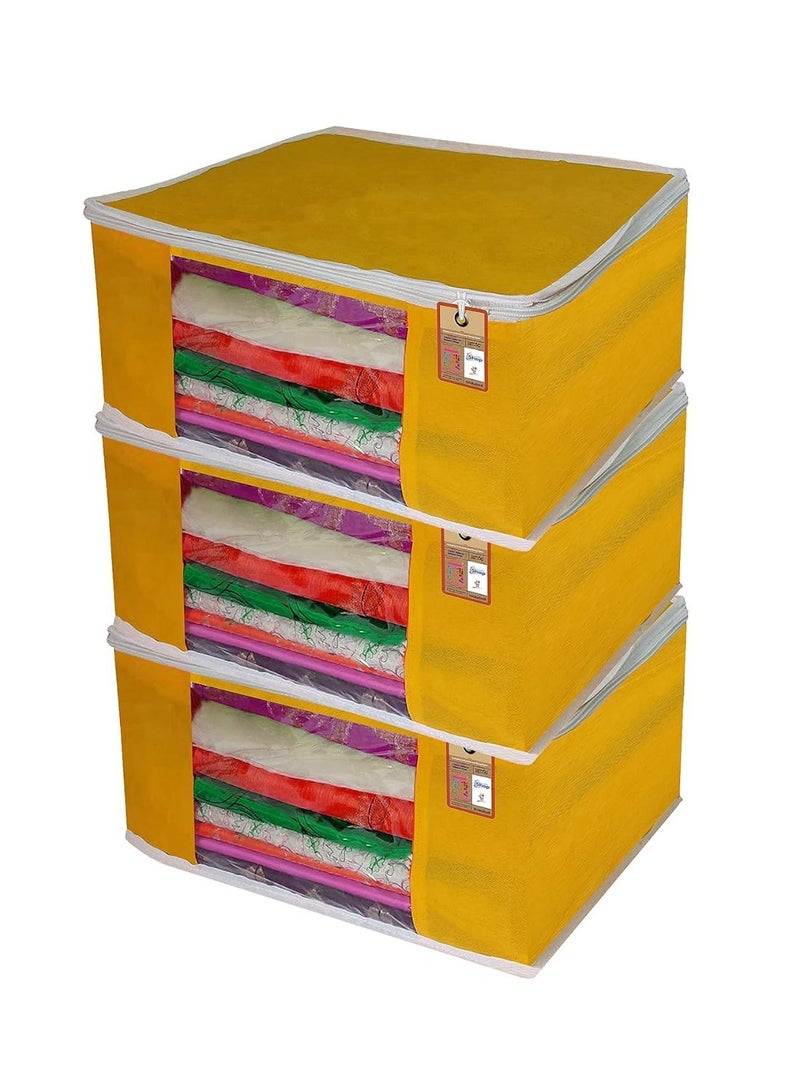 atorakushon® Fabric Yellow Garment Storage Bags Wardrobe Organizer for Clothes Storage Box Saree Cover Pack of 3 - Image 1