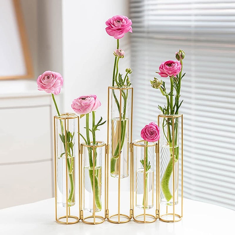 Bigsee Test Tube Vase for Flowers Glass Vase with Metal Stand Racks Hydroponic Test Tube Vase Set of 5 Gold Hinged Plant Vases Display Set Table Centerpieces Vase for Home Decor
