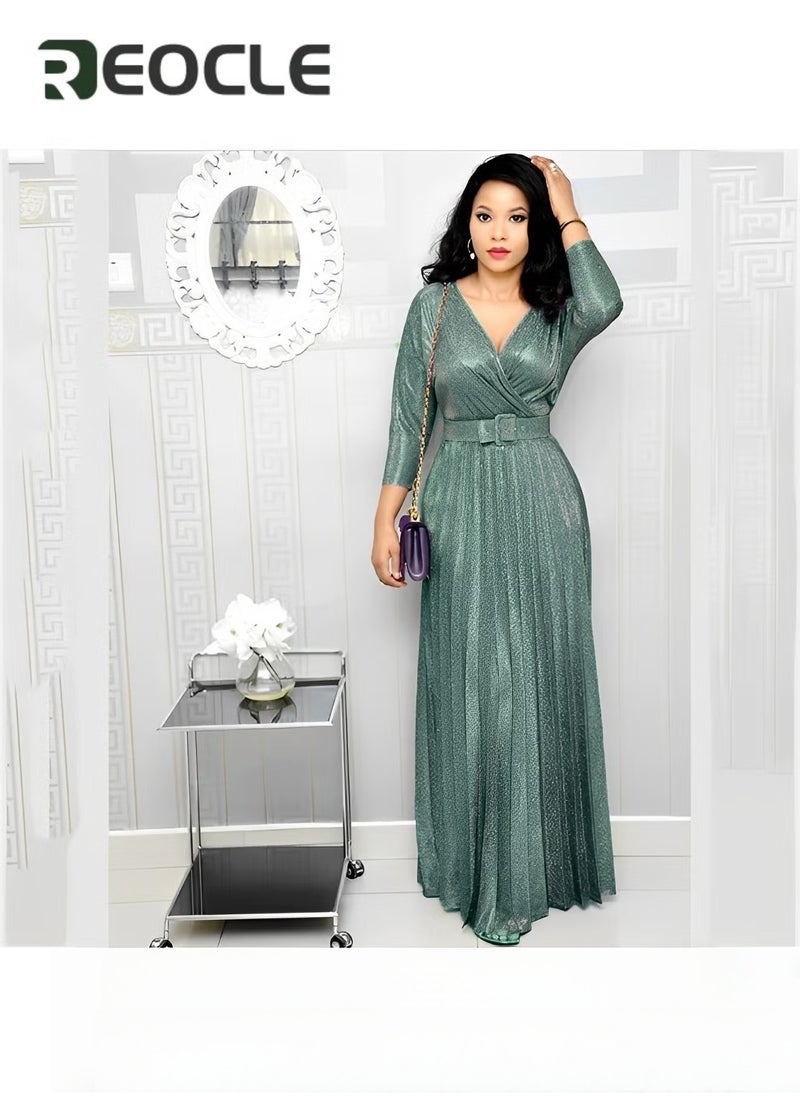 REOCLE Women's Maxi Dress with Glitter Fabric Wrap V Neck Long Sleeve Elegant Pleated Dresses with belt Long Sleeve Gold Foil Flared Skirt - Image 3