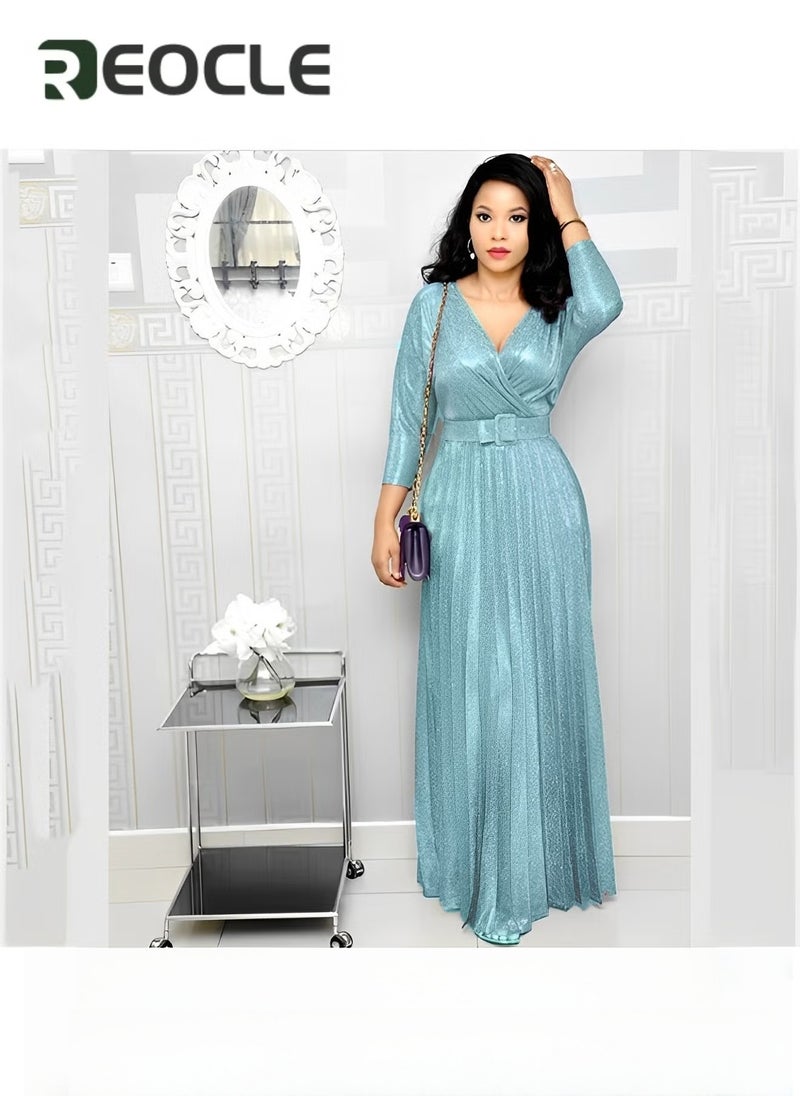 REOCLE Women's Maxi Dress with Glitter Fabric Wrap V Neck Long Sleeve Elegant Pleated Dresses with belt Long Sleeve Gold Foil Flared Skirt - Image 5