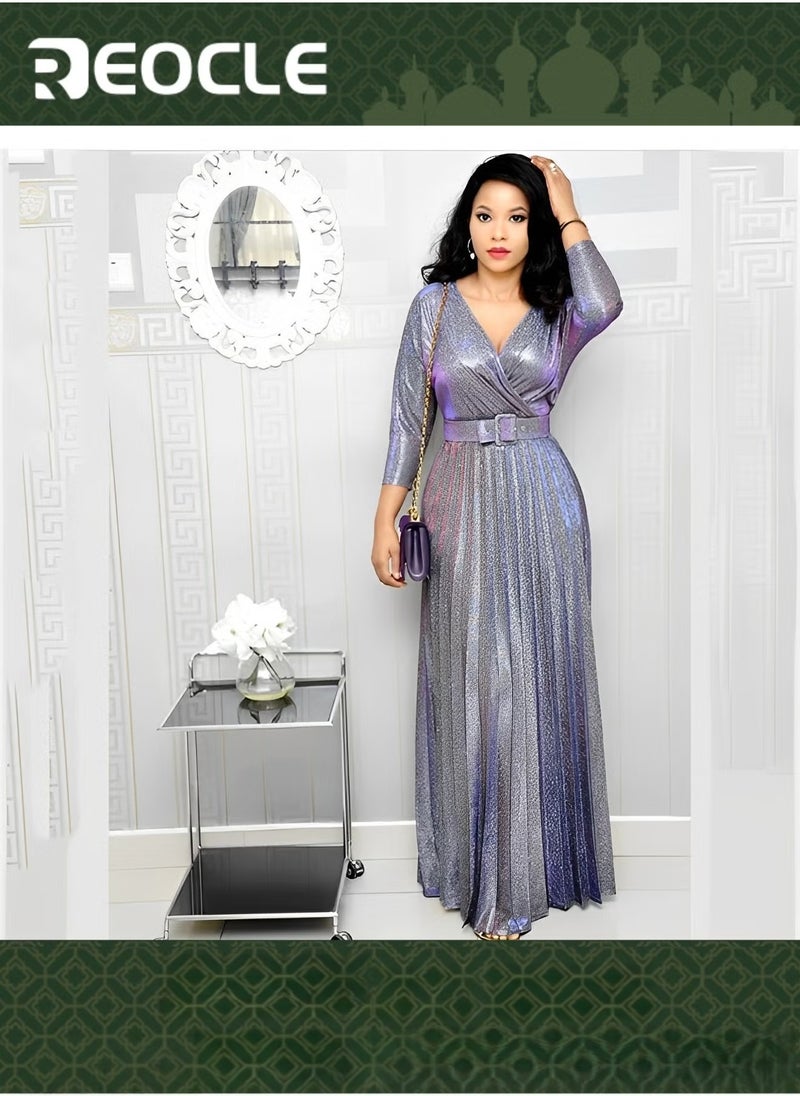 REOCLE Women's Maxi Dress with Glitter Fabric Wrap V Neck Long Sleeve Elegant Pleated Dresses with belt Long Sleeve Gold Foil Flared Skirt - Image 1