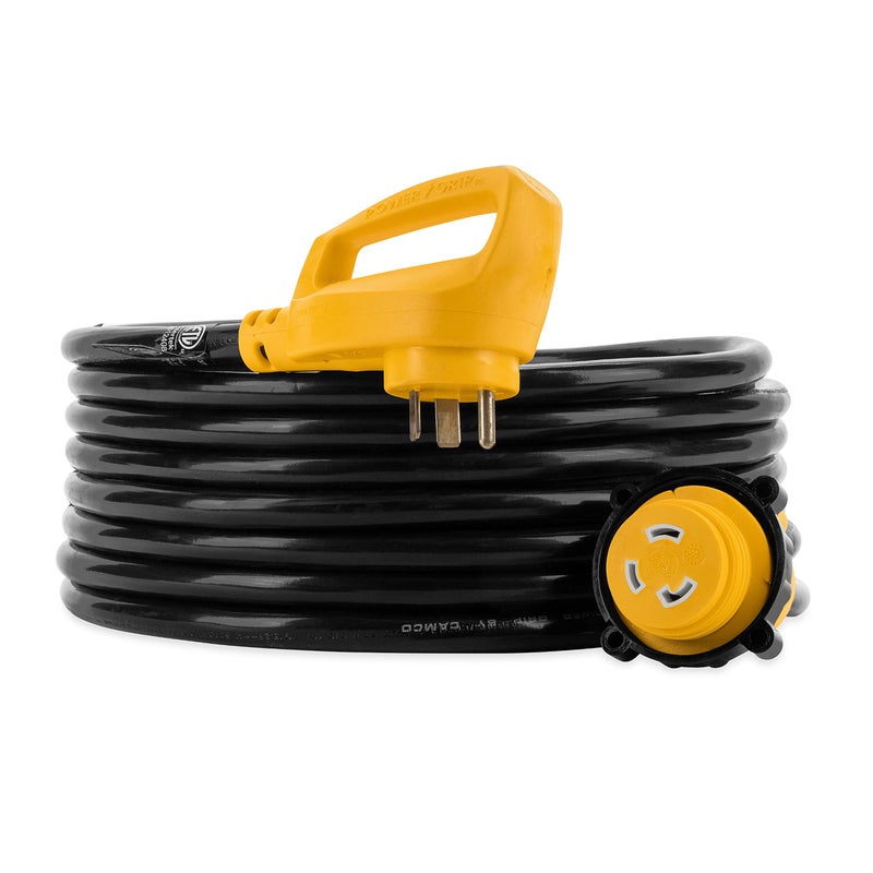Camco Camco Power Grip 25-Ft 30 Amp RV Extension Cord w/Locking End - Rated for 125V / 3,750W - Features Threaded Locking Ring for Weatherproof Connection & RV Power Cord 90° Head (55501)  - Image 1