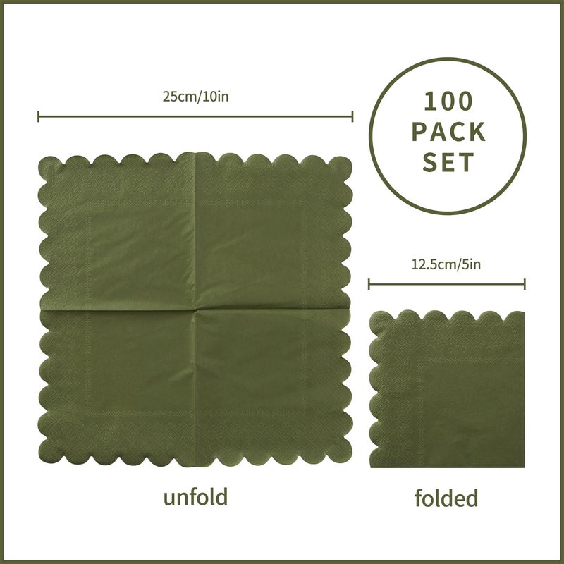 BEFORYOU 100 Pack Cocktail Napkin 2-Ply Scalloped Edged Dessert Napkins Folded 5 x 5 Inches Disposable Napkins for Dinner Wedding Birthday Party Bridal Anniversary Reception Event (Green) - Image 2