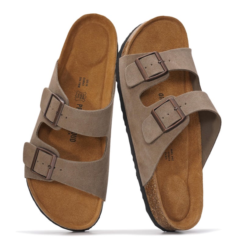 Project Cloud 100% Genuine Leather Mens Sandals - Memory Foam Insole & Cork Footbed Slides for Men Footwear - Non-Slip Summer Sandals for Men & Lightweight Mens Slides (Heritage, TAUPSUEDE,9.5)