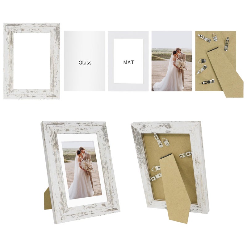 Hongkee 4x6 Picture Frame Set of 4, Made of Real Glass and Distressed White Wooden Frame, 4 by 6 Photo for Wall or Tabletop - Display Picture 3.5x5 with Mat or 4x6 Without Mat - Image 2