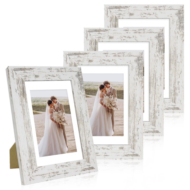 Hongkee 4x6 Picture Frame Set of 4, Made of Real Glass and Distressed White Wooden Frame, 4 by 6 Photo for Wall or Tabletop - Display Picture 3.5x5 with Mat or 4x6 Without Mat - Image 1